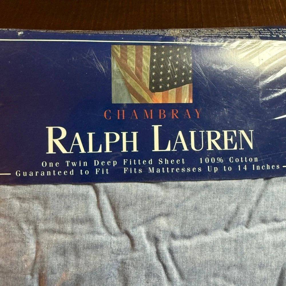 VTG Ralph Lauren Chambray Twin Fitted Sheet Blue Denim Cotton USA Flag NIP NOS